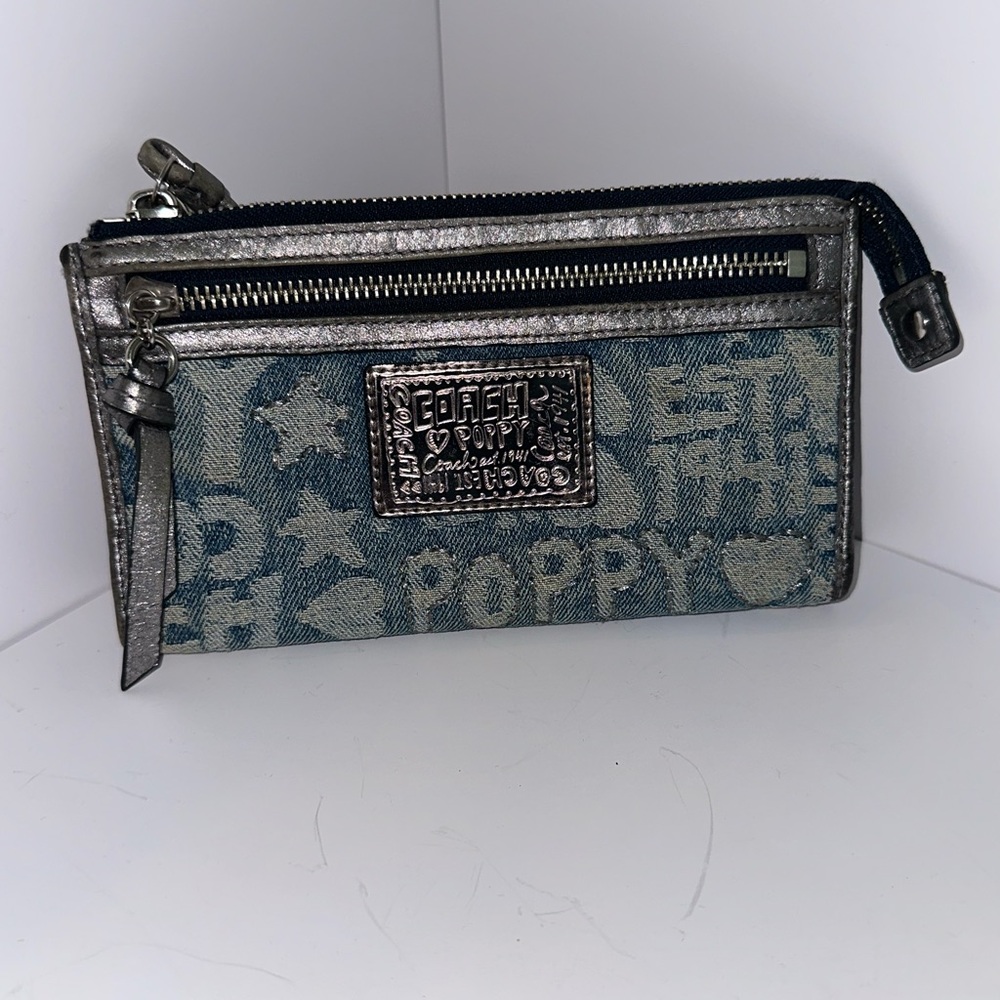 Coach Y2K Poppy Denim and Silver Wristlet